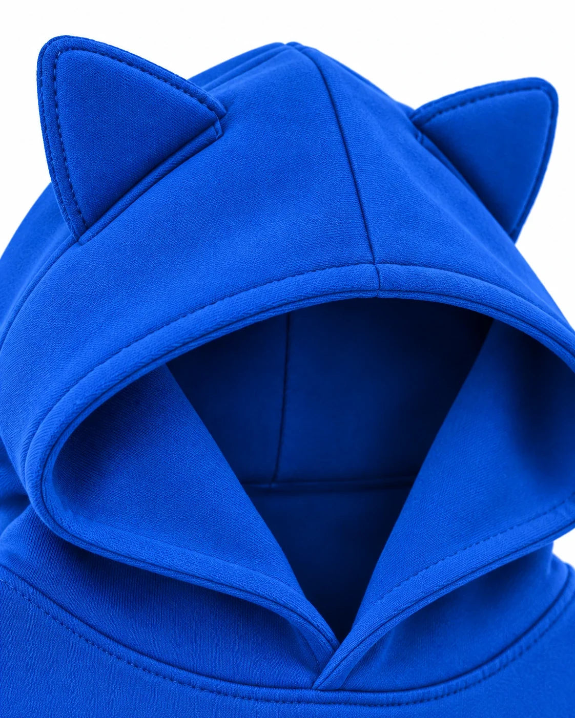 PINKMAN ears — royal blue hoodie close-up