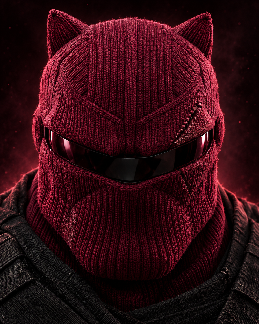 Maroon: a formidable elder cousin in sculpted dark maroon knit with a narrow obsidian visor